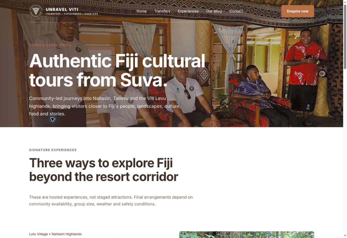 Current Unravel Viti experiences page featuring Fiji cultural tours from Suva